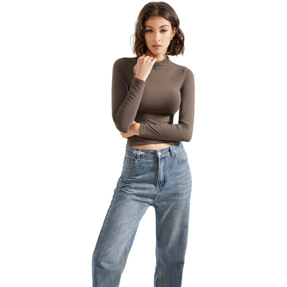 Women Double Lined Mock Turtle Neck Long Sleeve Fitted Y2K Crop Top - Picture 3 of 7
